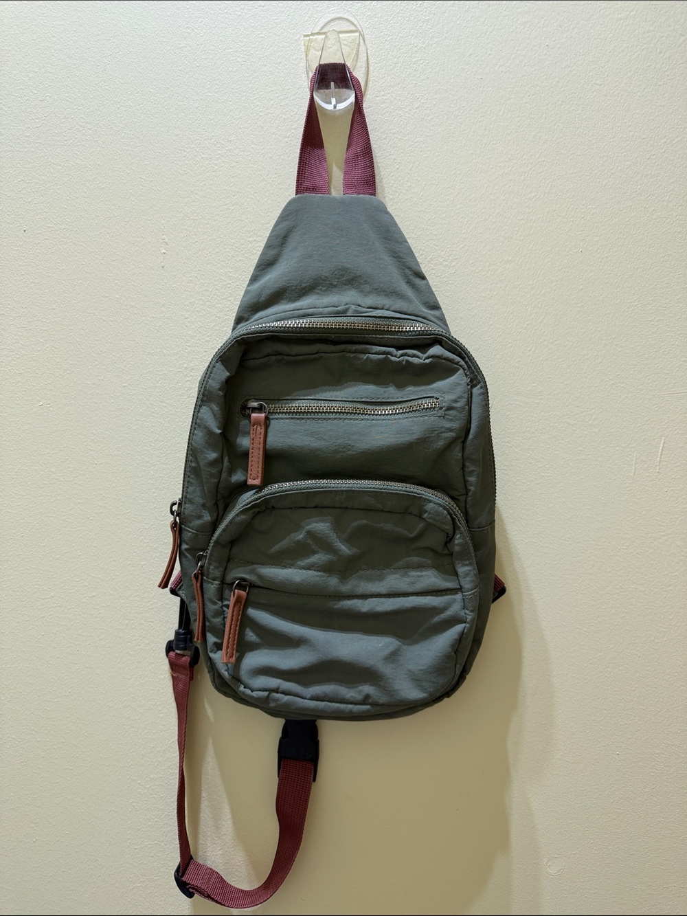Men's Olive Green Sling Backpack with Brown Strap